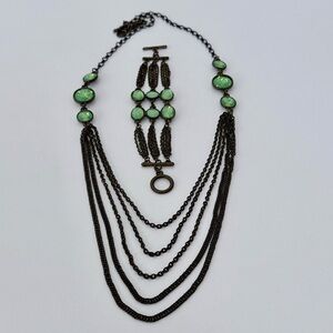 Sweet Lola Antiqued Brass-Sage Green Crystal Multi-Strand Necklace+Bracelet Set
